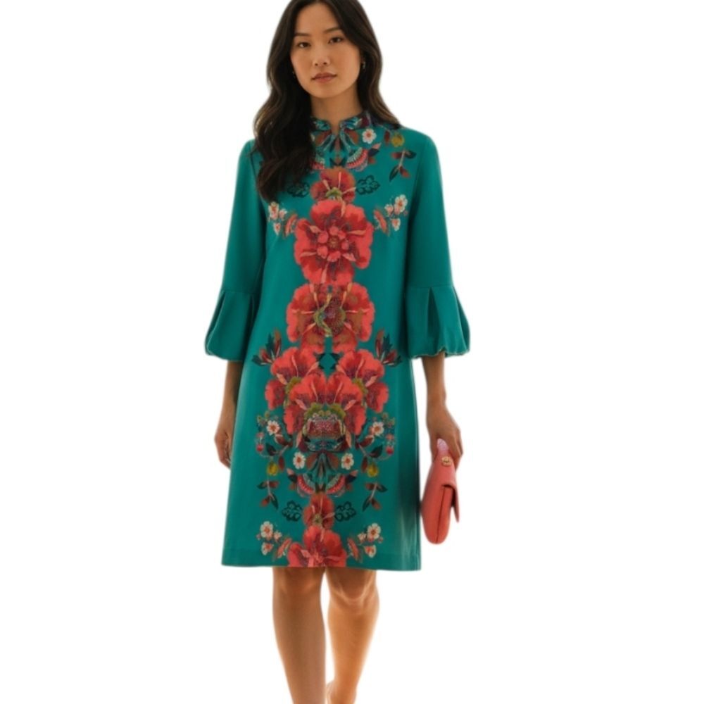 NY&Co Teal Floral Puff Sleeve Dress